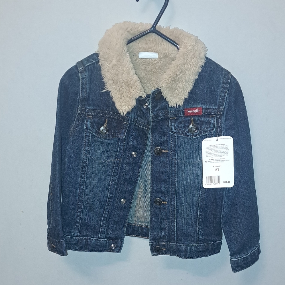 Wrangler Dark Blue Kids Denim Jacket with Cream Sherpa Collar